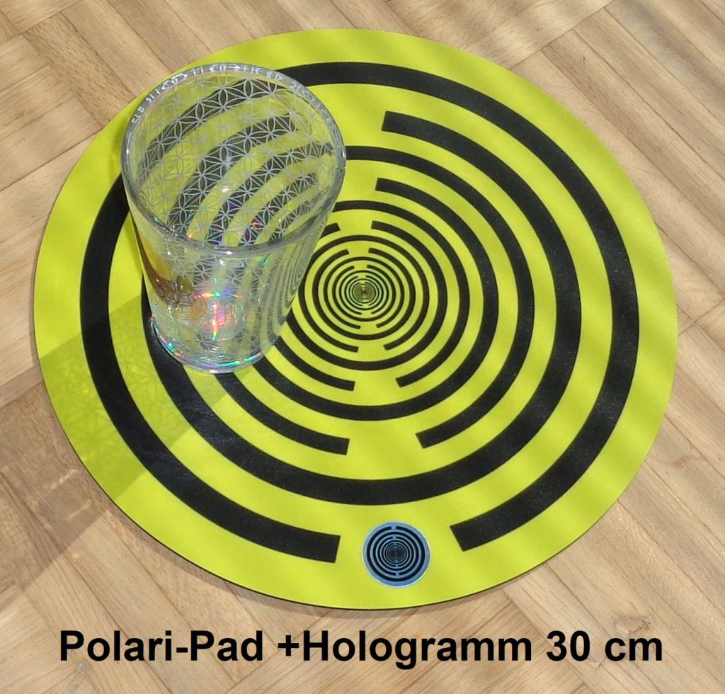 Polari-Pad Hologramm: Glas auf gelbem Polari-Pad mit schwarzen Kreisen, Draufsicht