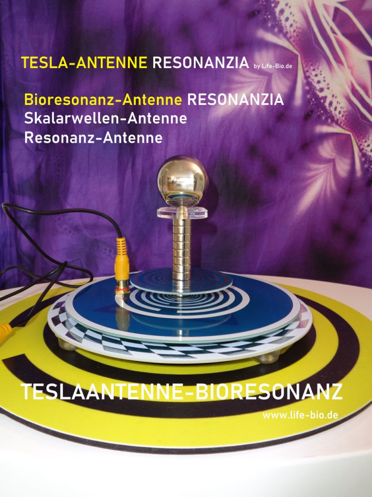 Teslaantenne-RESONANZIA: Teslaantenne mit Spiralmuster auf runden Scheiben, Seitenansicht