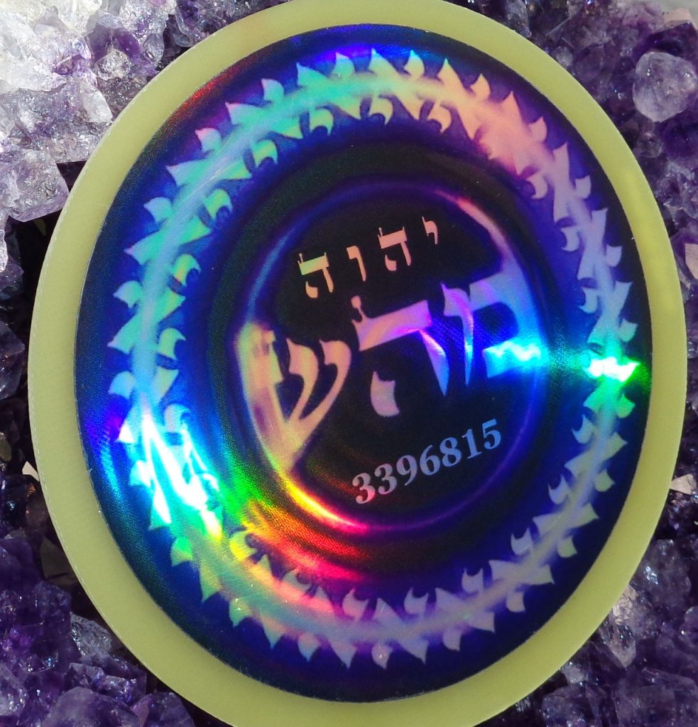 Spirit-Holo-Healing-Disc: Runde energie-scheibe mit holografischen Symbolen auf Amethyststeinen