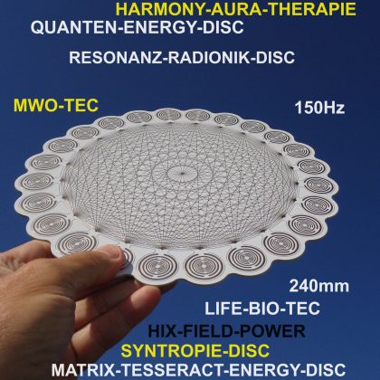Matrix-Tesserakt-MWO-Scheibe: Hand hält weiße Energieplatte mit Matrix Tesserakt vor blauem Himmel