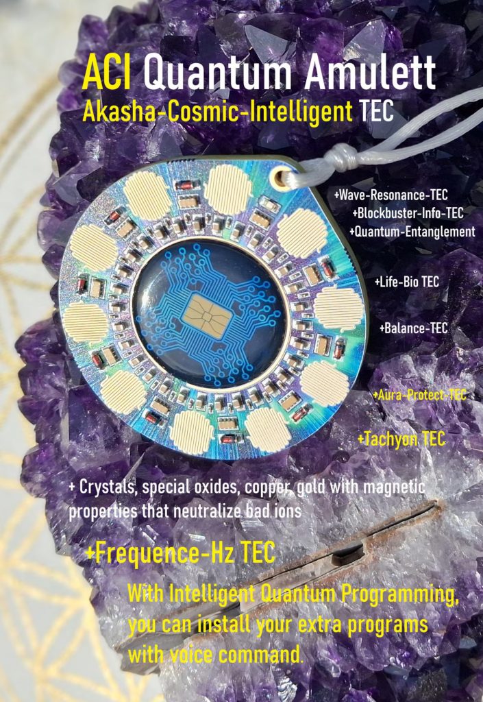 Quantenfeld-Amulett Akasha-Energy: Rundes Quantenfeld-Amulett mit blauen und goldenen Mustern auf Amethysten, Draufsicht