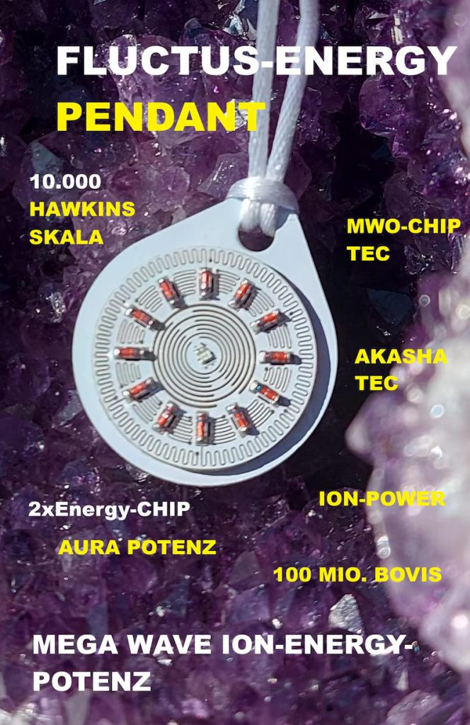 Quantenfeld-Amulett ION-FLUCTUS: Rundes Quantenfeld-Amulett mit Spiralmuster und Chips, Draufsicht auf Amethysten