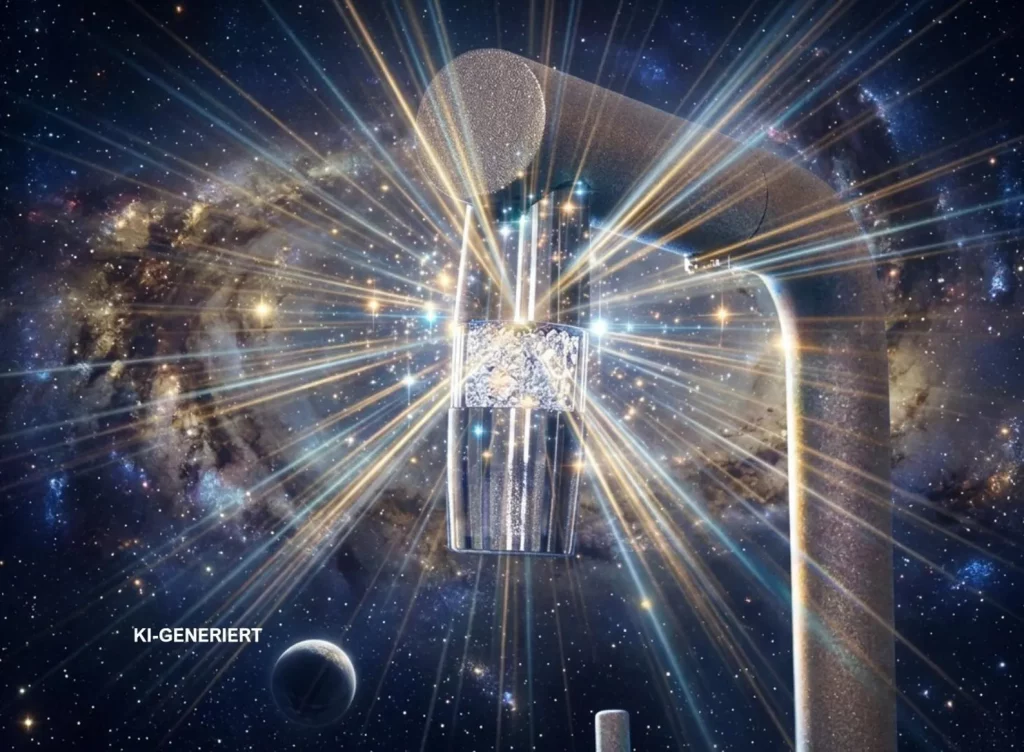 Glas unter Wasserhahn im Weltraum mit strahlenden Lichtlinien