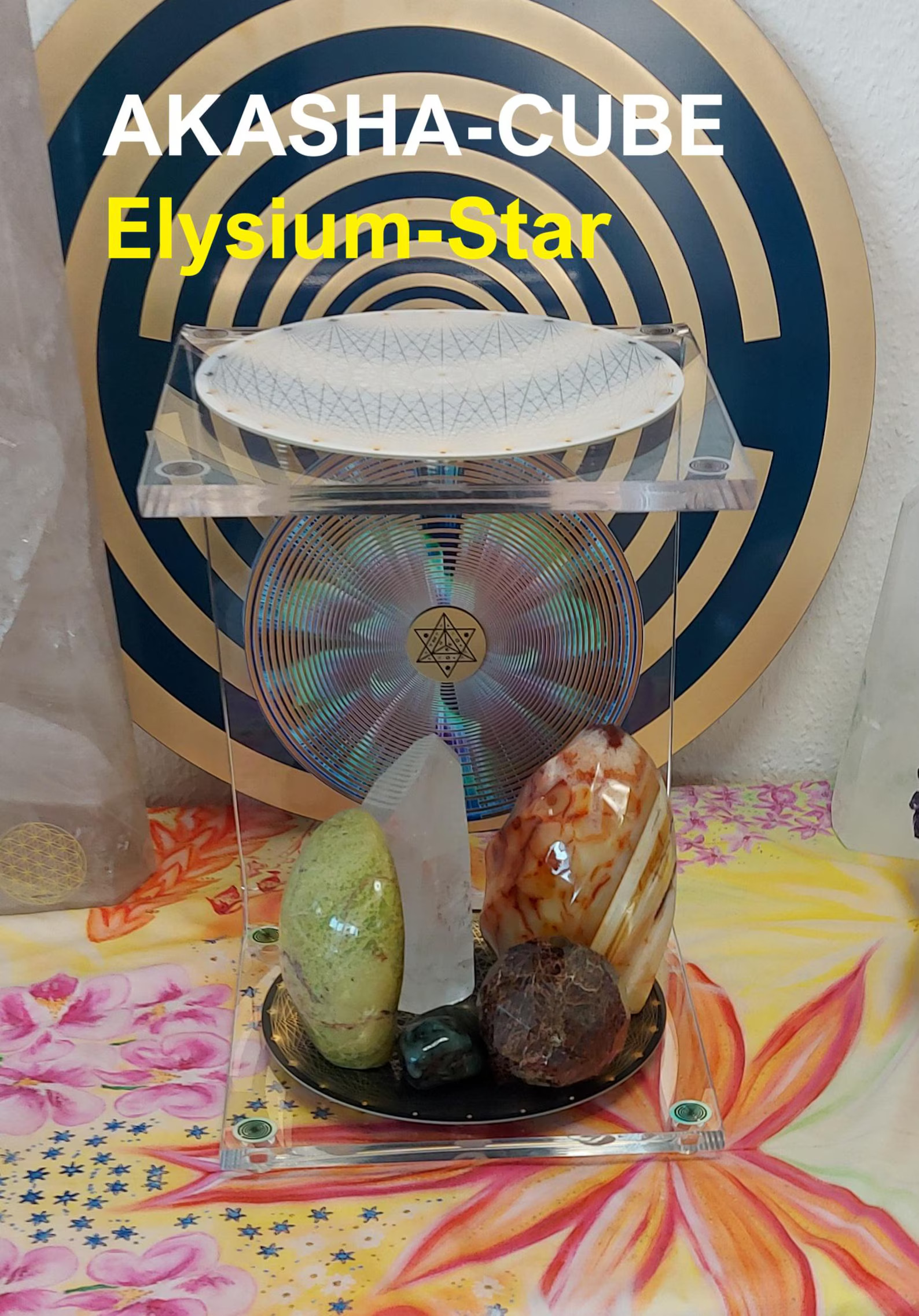 Transparenter Akasha-Cube mit Elysium Star, Quantenfeld, Kristalle im Inneren