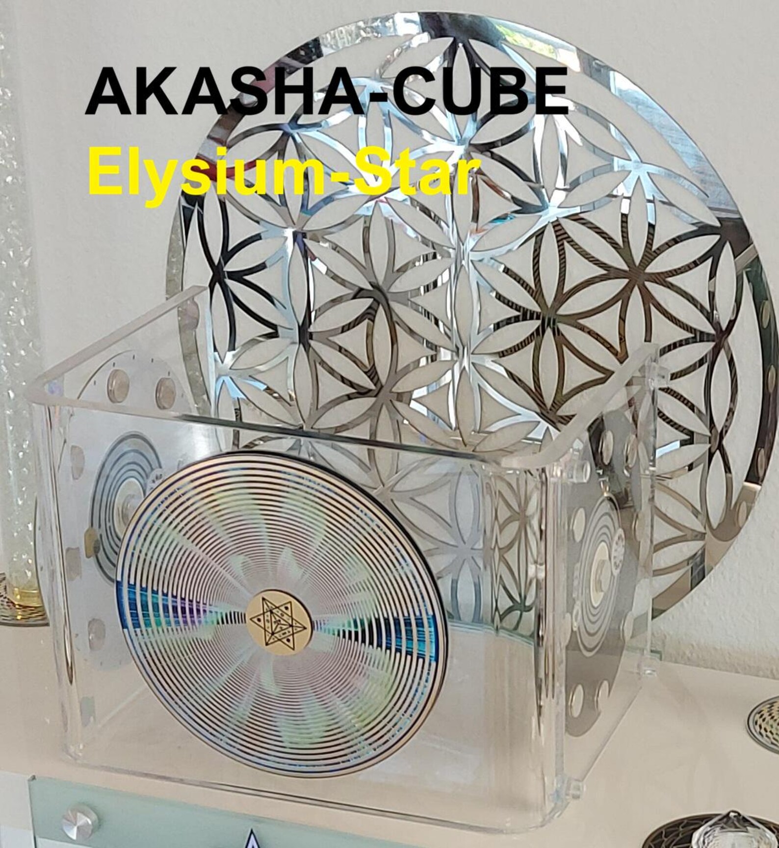 Transparenter Akasha-Cube Elysium Star mit Kreis- und Sternsymbolen, Quantenfeld-Dekor