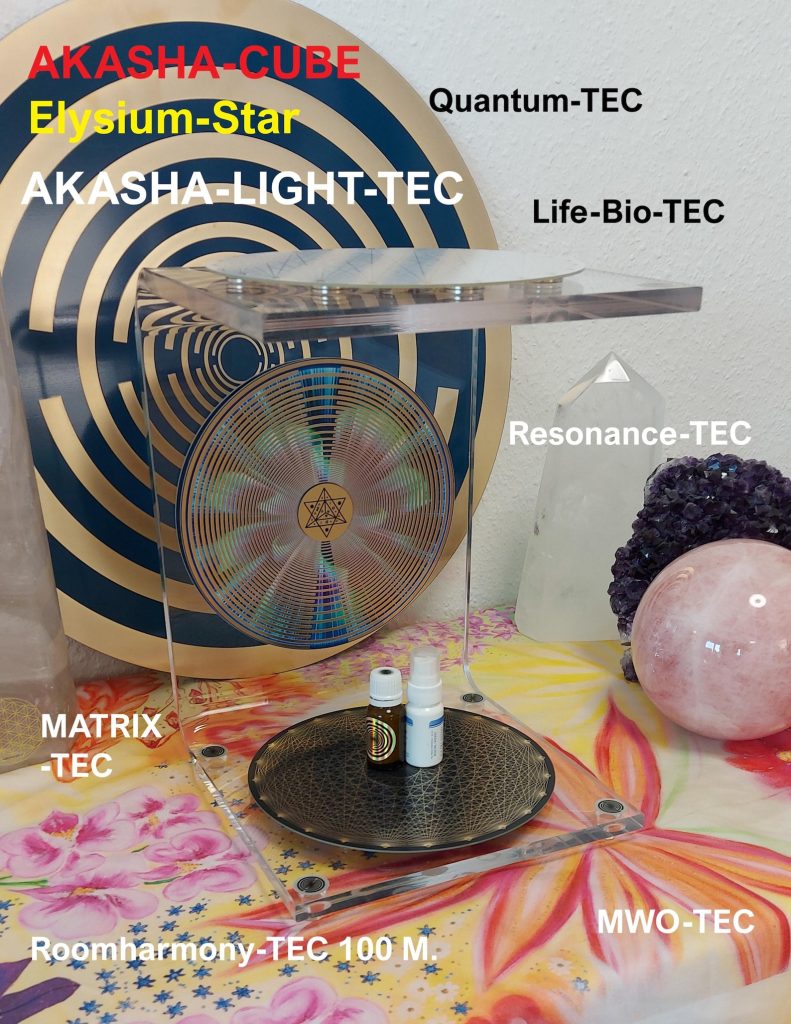 Akasha-Cube Elysium Star mit Quantenfeld, umgeben von Kristallen und Fläschchen