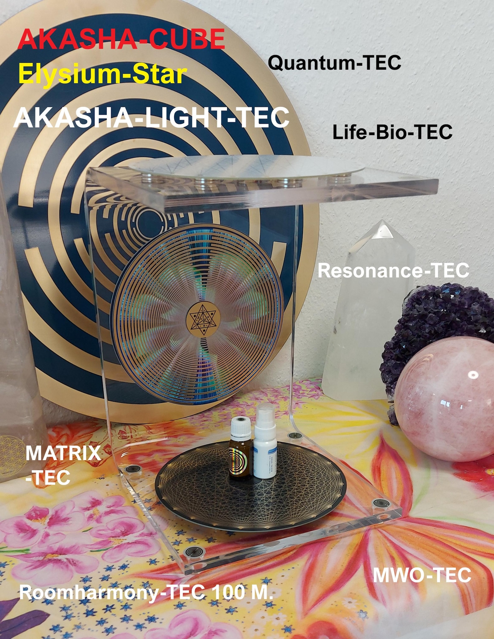 Akasha-Cube Elysium Star mit Quantenfeld, umgeben von Kristallen und Fläschchen
