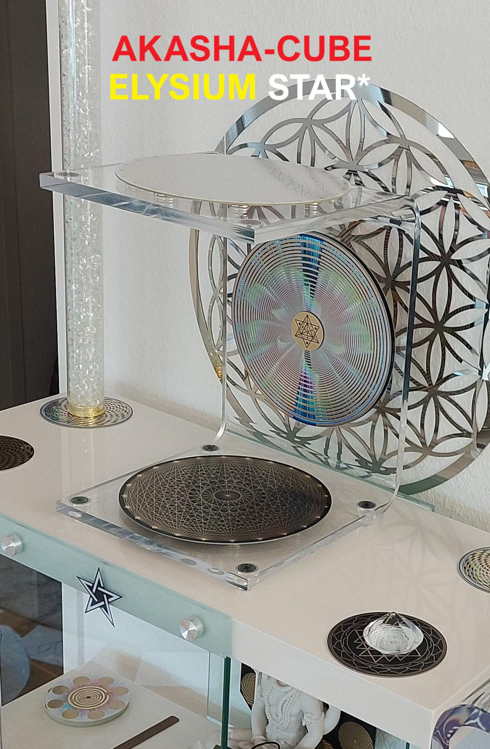 Akasha-Cube Elysium Star mit holografischer Scheibe und Blume des Lebens, Seitenansicht