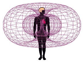 Menschliche Silhouette in einem violetten Energiefeld mit Herz- und Gehirnmarkierung