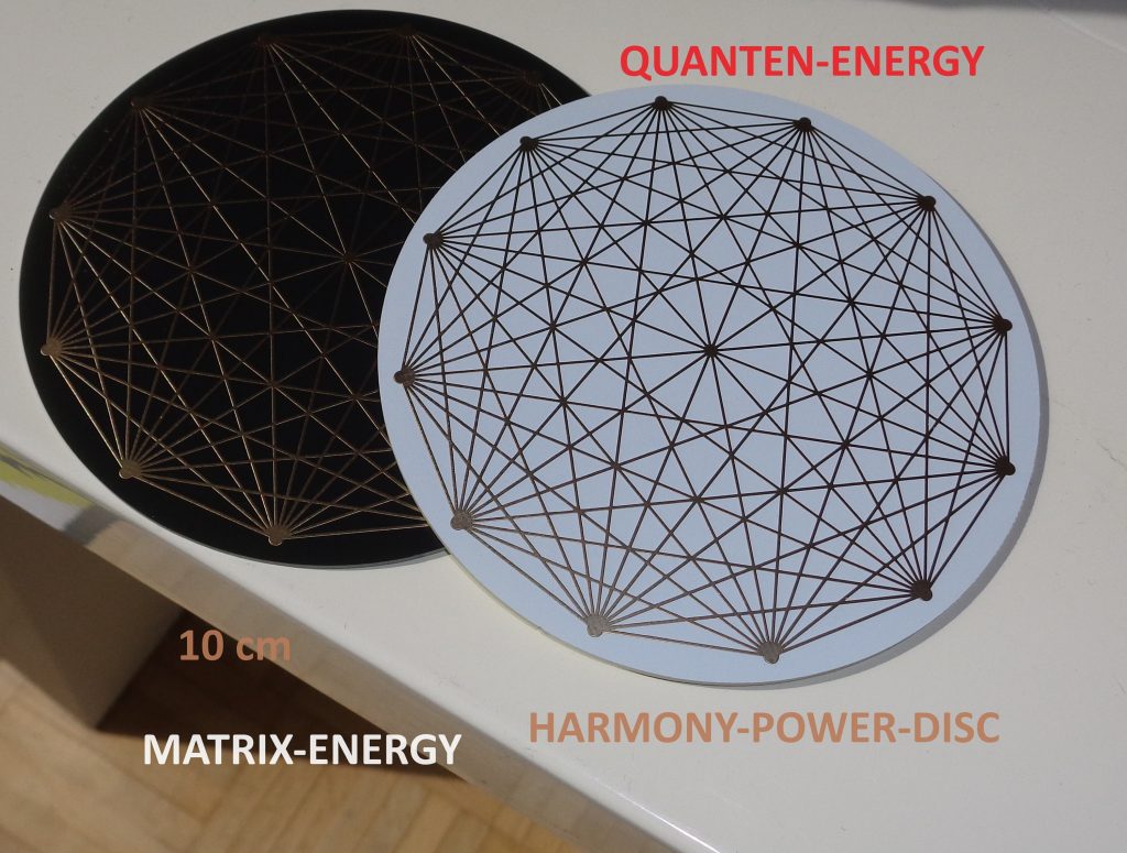 MATRIX-SCHEIBE: Zwei runde Energie-Scheiben mit geometrischem Netz, Draufsicht