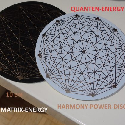 MATRIX-SCHEIBE: Zwei runde Energie-Scheiben mit geometrischem Netz, Draufsicht