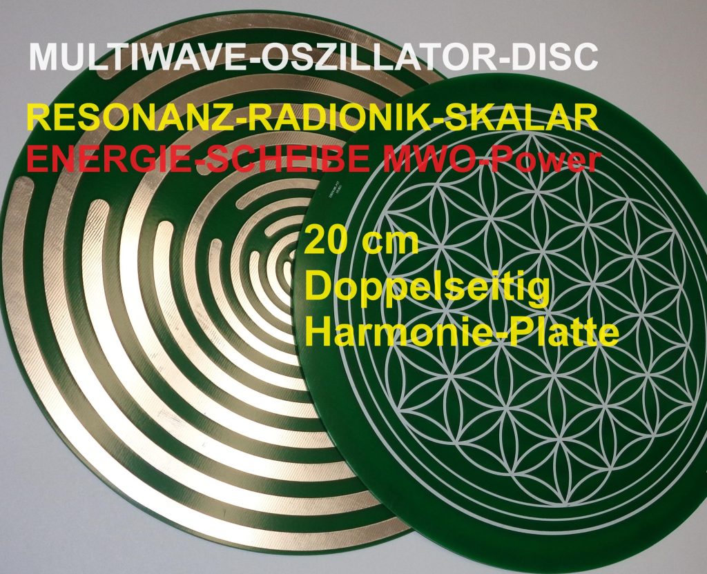 Pulsar MWO-Disc Energie-Scheiben: Grüne Energie-Scheibe mit goldenen Spiralen und Blume des Lebens, Draufsicht